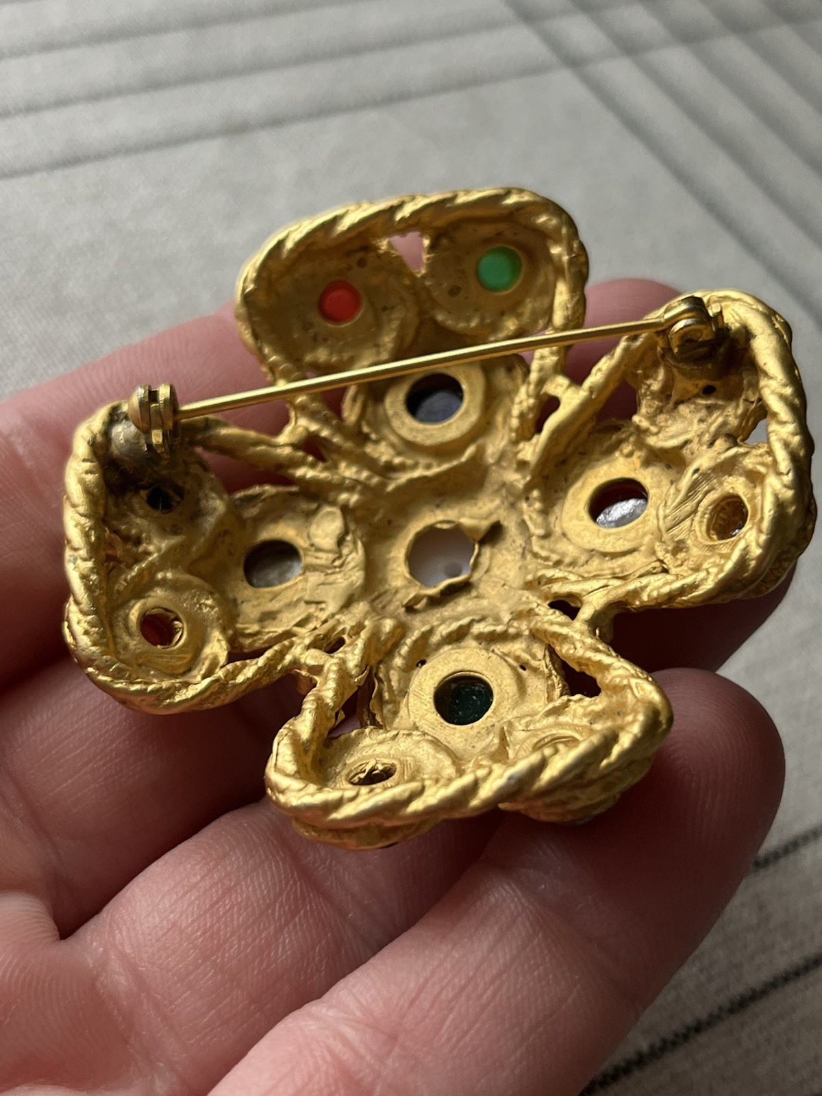 Vintage Maltese Cross Brooch Gripoix Style Gold Glass Cabochon Sphinx HAR