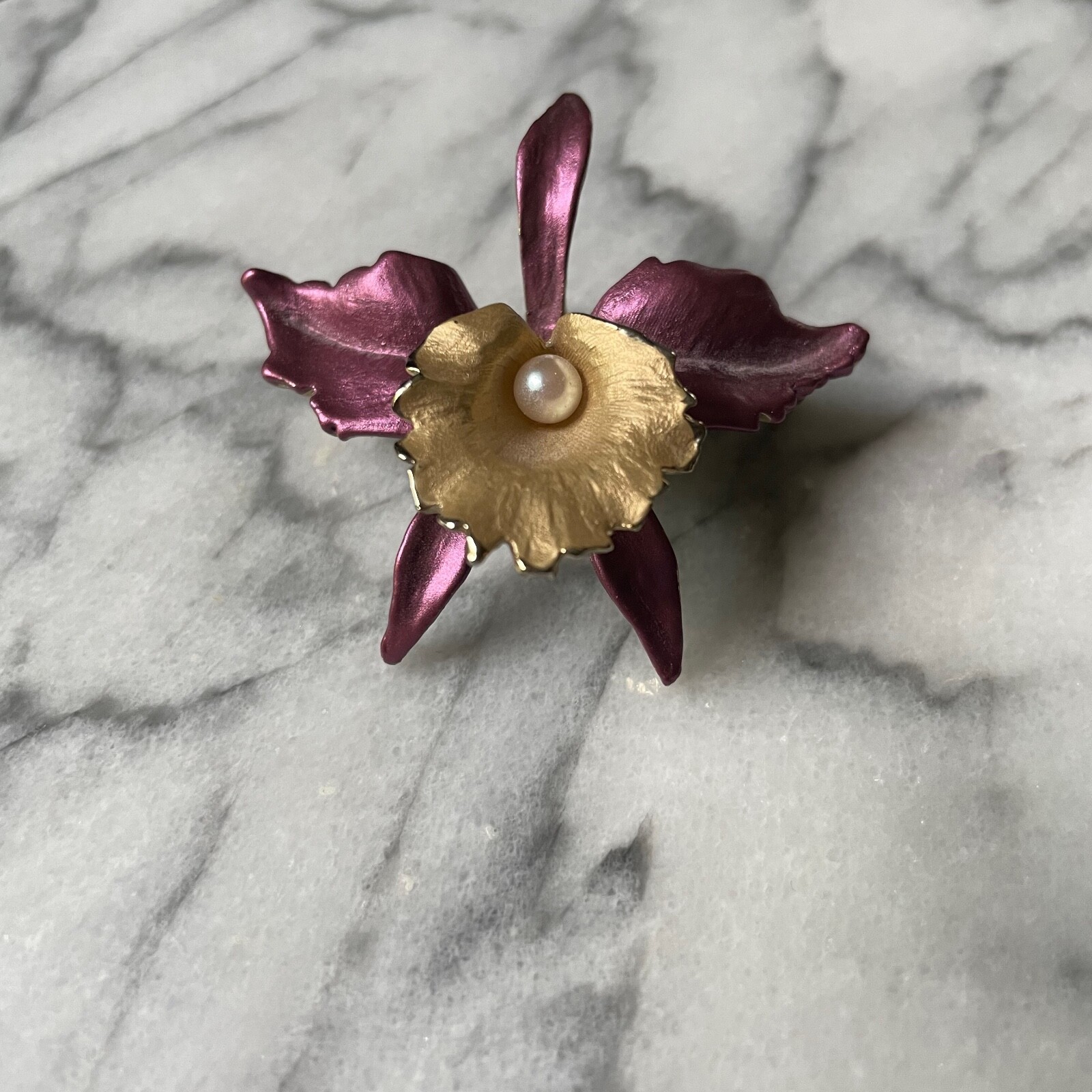 Orchid Brooch Purple and Gold Tone With Pearl EUC