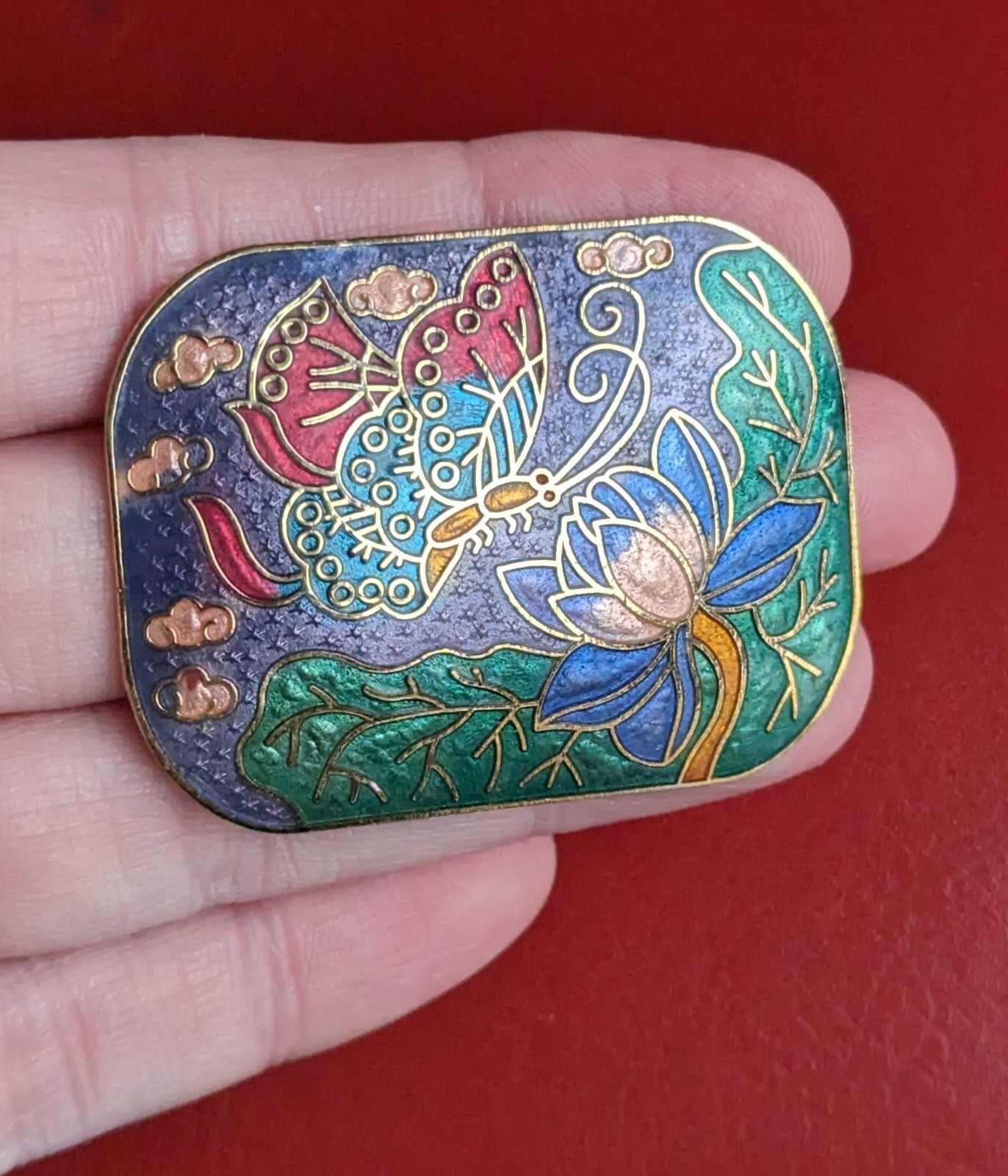 Vintage 2″ Blue Green Red Butterfly Flower Cloisonne Enamel Gold Tone Brooch Pin