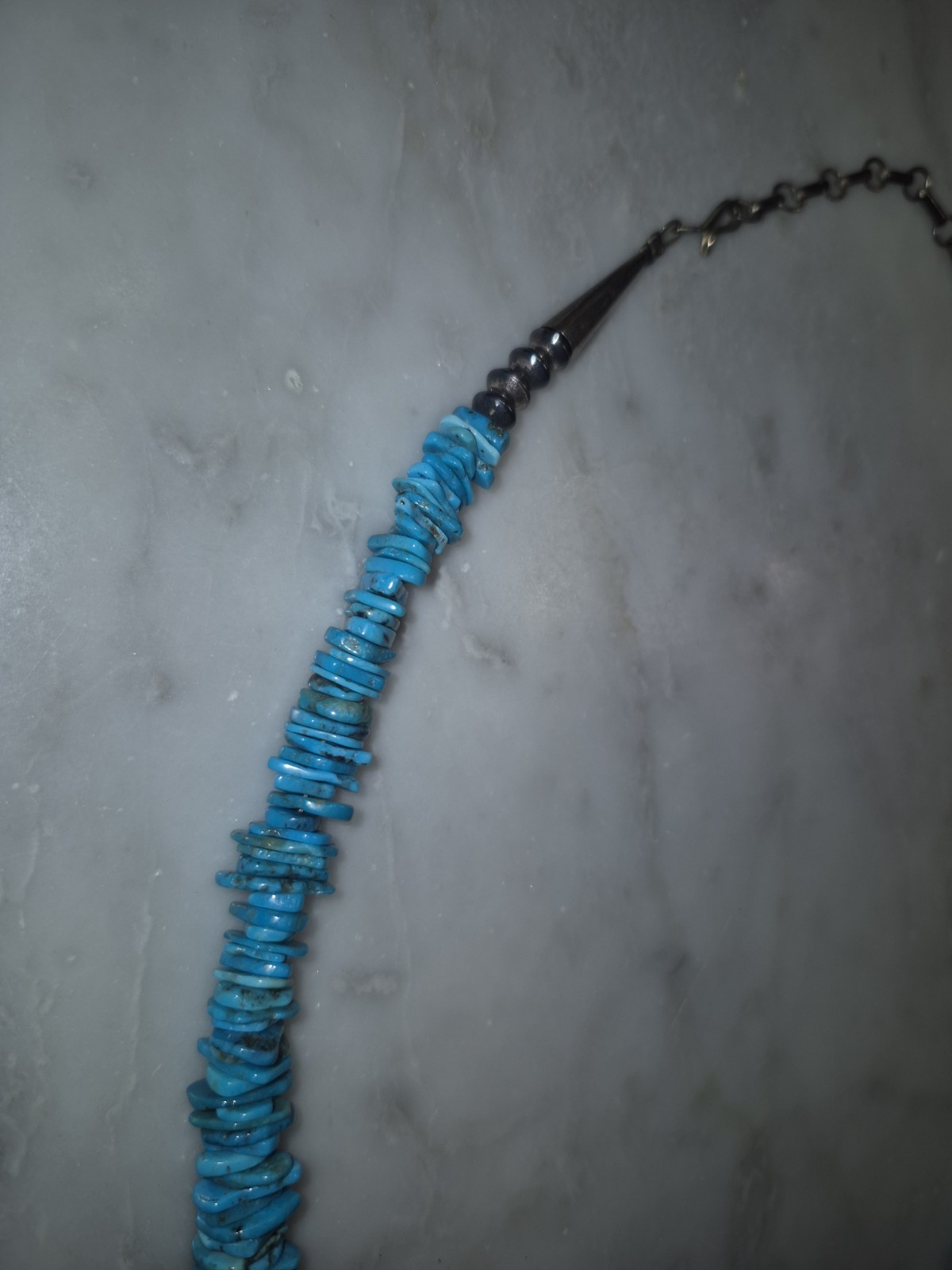 Vintage Turquoise Chip Necklace 925 Sterling Silver Cones Hook Clasp 50g