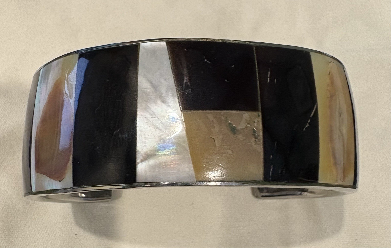Vintage Silver Tone With Shell And Stone Inlay Cuff Bracelet, 2.5 inch diameter