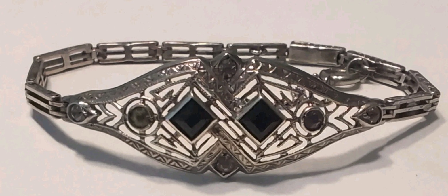 Antique Art Deco Sterling Filigree Black & Clear Stone Bracelet