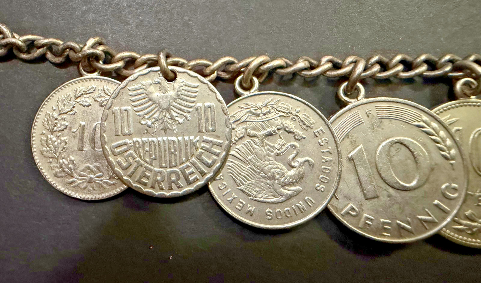 Vintage Foreign Coin Bracelet – 8 Coins – Circa 1950’s – 6″