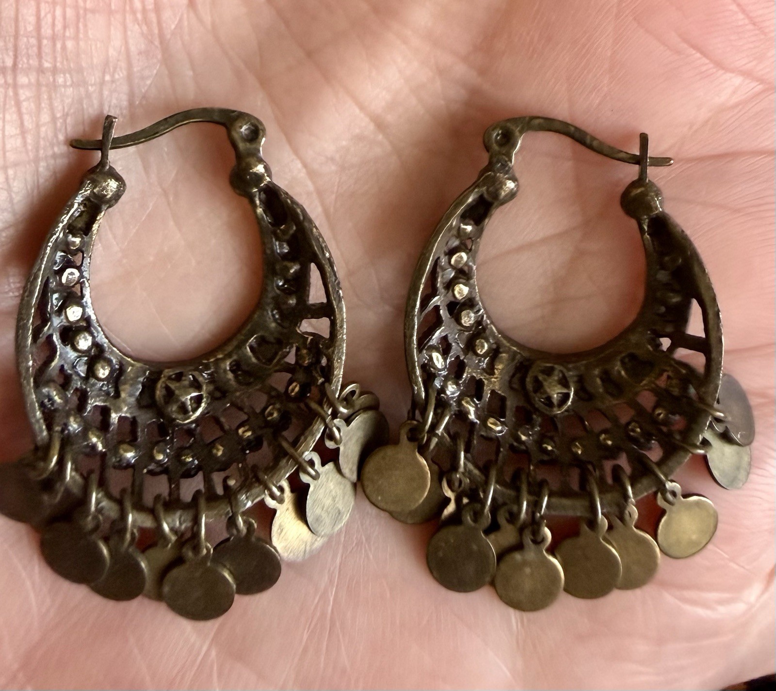 Vintage Gypsy Boho Bronze Hoop Dangle Hanging Pierced Earrings Red Orange Stones