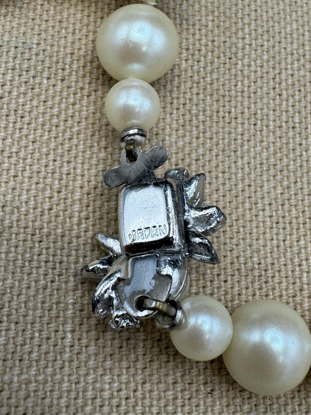 Vintage Japan Faux Pearl Necklace Rhinestone Clasp Dangle Pearl Leaves 16.5 In