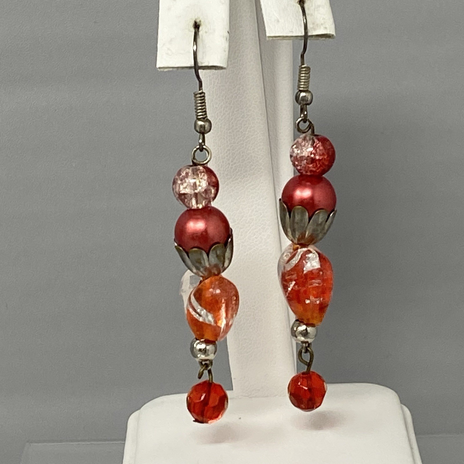 Red Glass Dangle Earrings Fused Heart Crackled Pierced Silver Tone 2.5″
