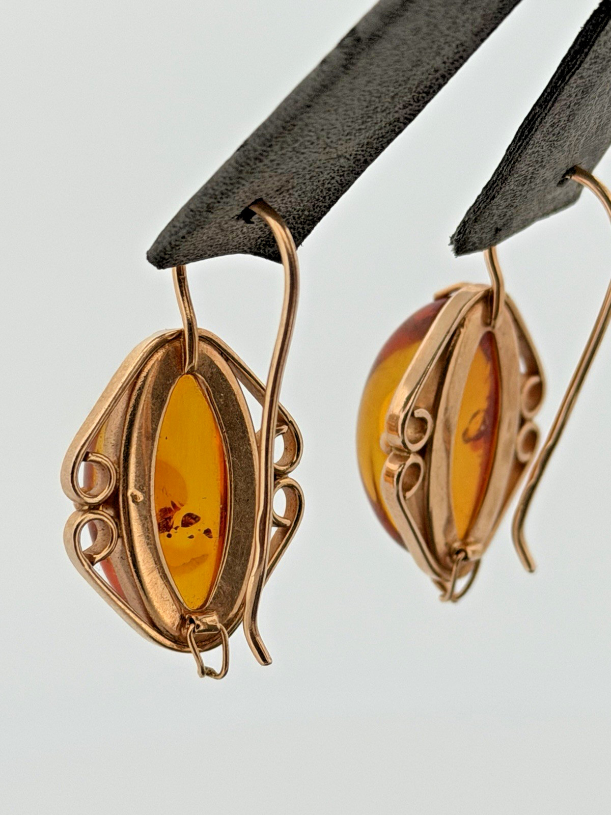 Vintage Russia 14K 585 Rose Pink Gold Honey Amber Earrings And Ring Set