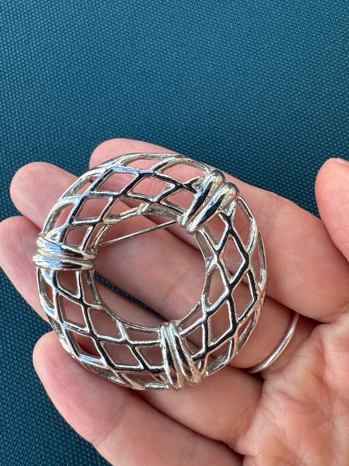 Vintage Silver Tone Openwork Circle Brooch, Geometric Lattice Pin, Classic Round