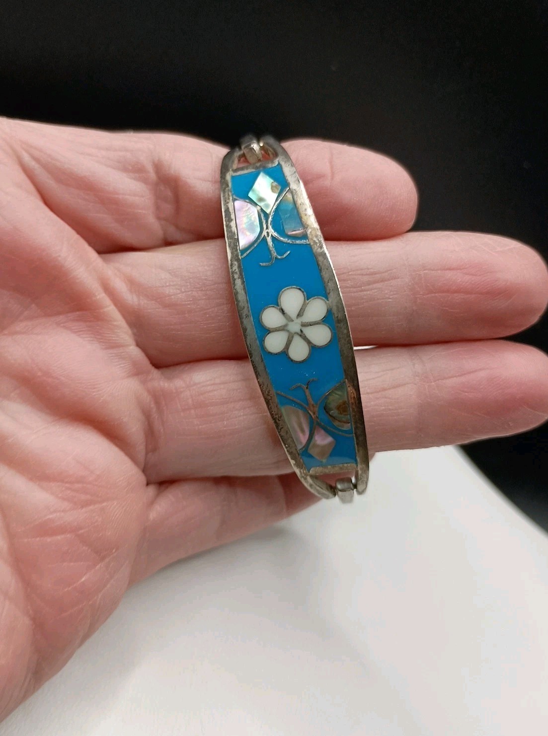 Alpaca Mexico Silver Cuff Bracelet Turquoise Abalone Inlay Butterfly Size 6.75″