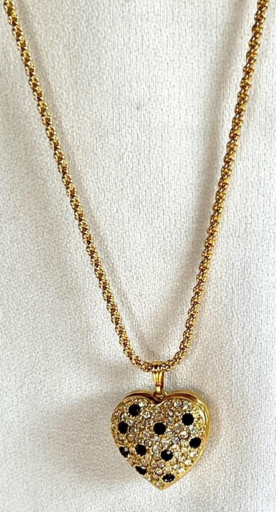 JOAN RIVERS Pave & Black Crystal Puff Heart Locket Necklace 32” chain #45-3