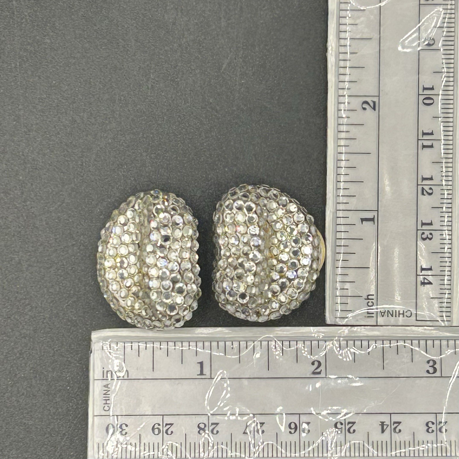 Vintage 80s 90s Rhinestone Clip On Earrings Silver Tone Clear Pave NOS