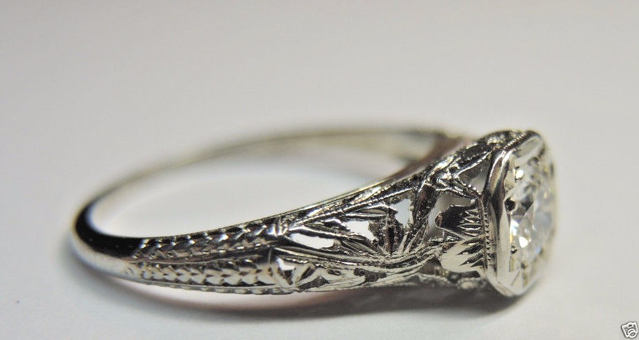 Antique Art Deco Diamond Engagement 17K White Gold Ring Size EGL USA
