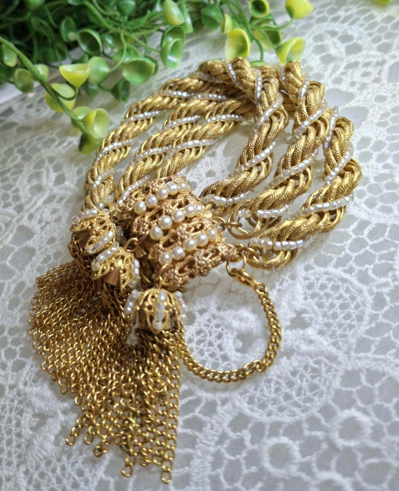 Frilly Miriam Haskell Russian Gold Chain & Seed Pearl Tassel Bracelet