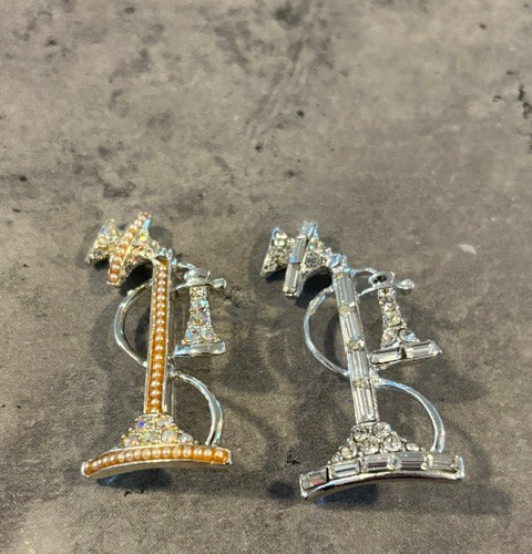 2 VINTAGE CANDLESTICK TELEPHONE BROOCHES- RHINESTONES AND FAUX PEARLS