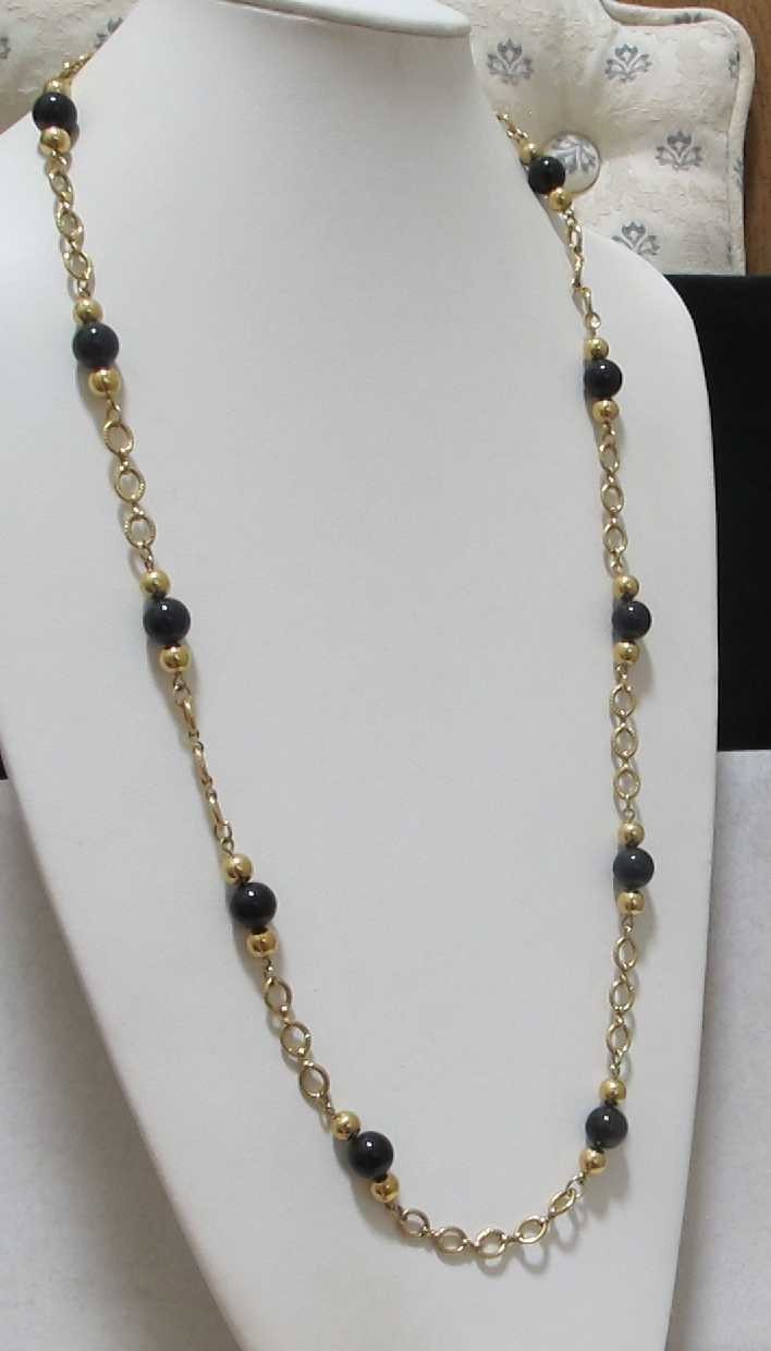 Vintage MONET Gold Tone Oval Links Black Bead Sister Clasp 34” Station Necklace