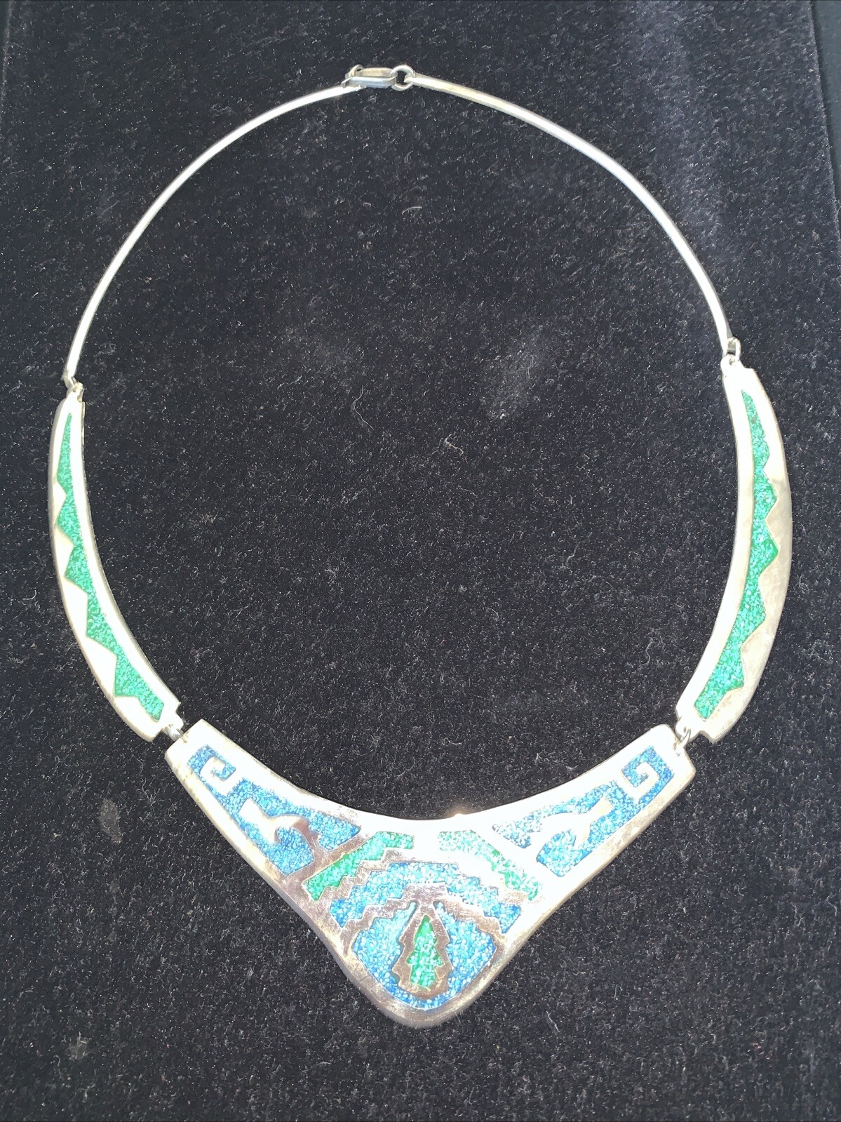 Vintage Alpaca Mexico Turquoise Mosaic Inlay Necklace
