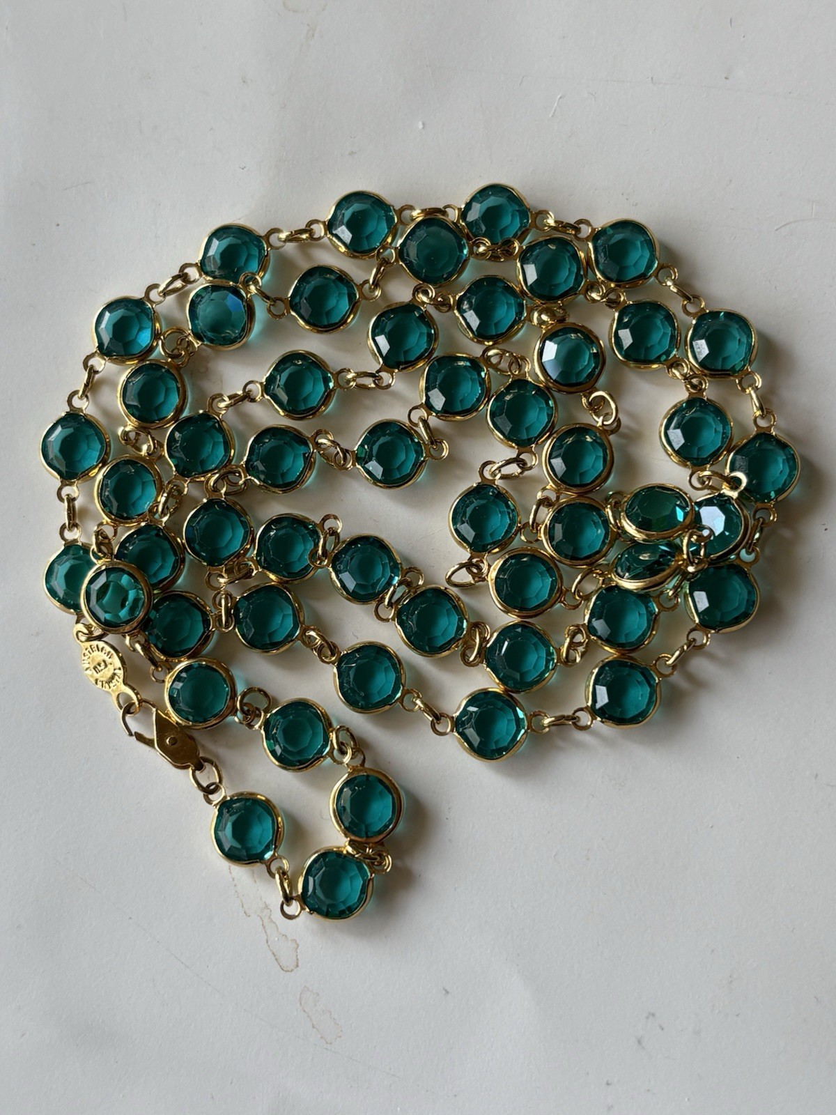 Austrian Crystals Necklace Aqua Blue Round Faceted Bezel Set Gold Tone 34 in USA