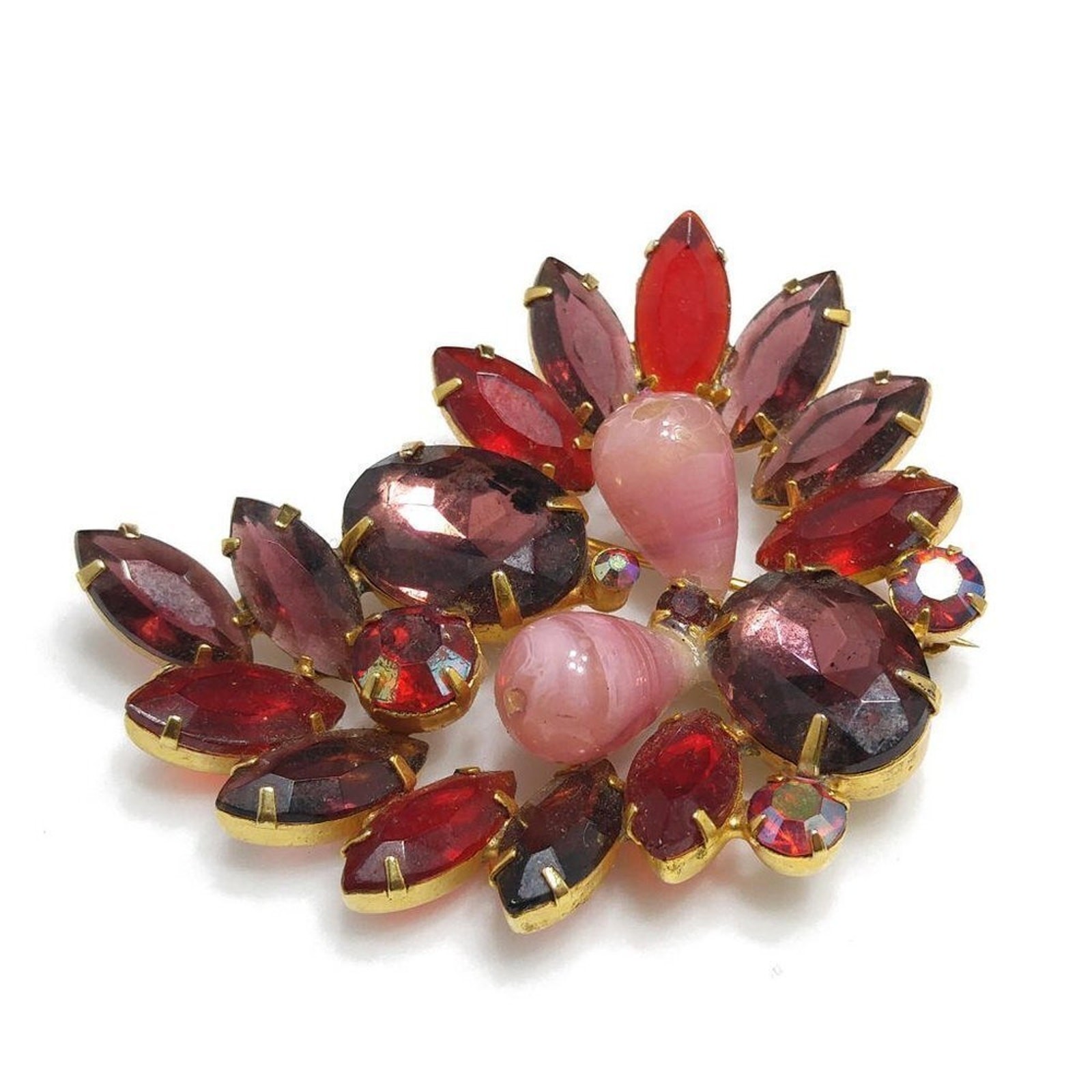Vintage Purple Red Glass Rhinestone Brooch, Pink Lucite Beads, 2 1/4 Inches