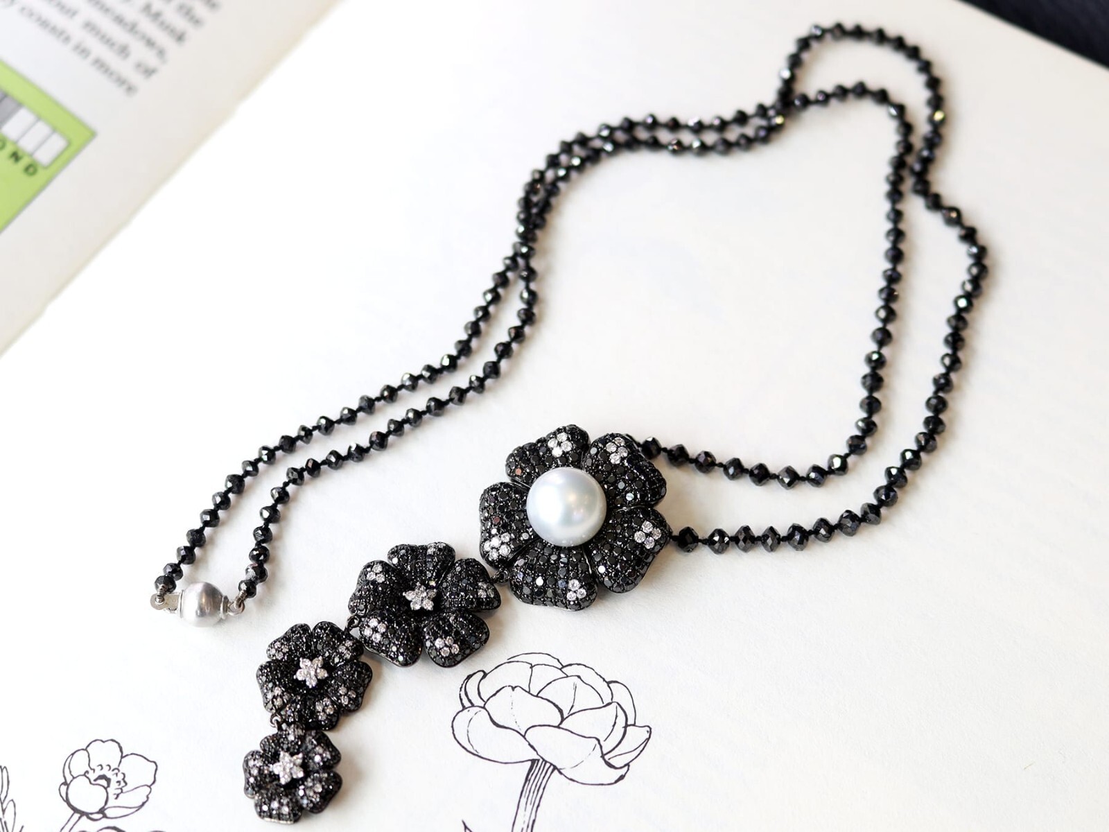 Cultured Pearl, Black Diamond, White Diamond, 18k Oxidised White Gold Pendant