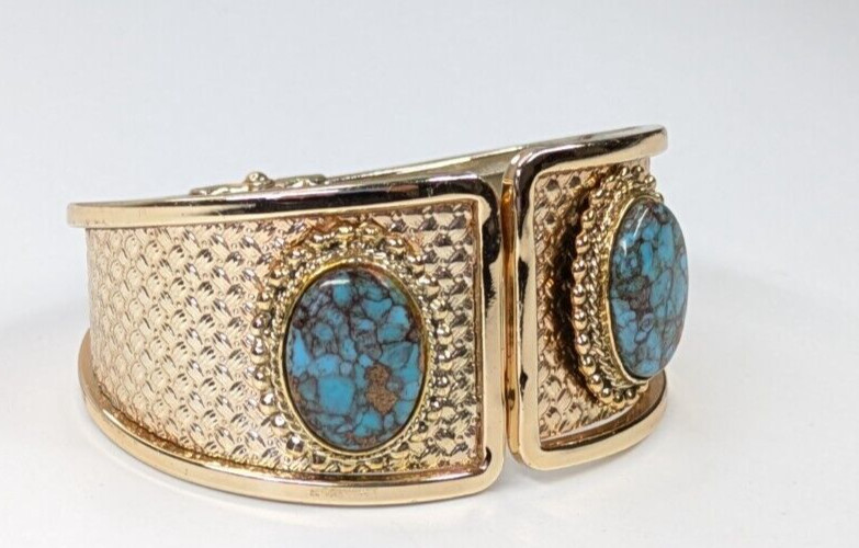 Vintage Faux Turquoise Cabochon Patterned Gold Tone Hinged Clamper Bracelet