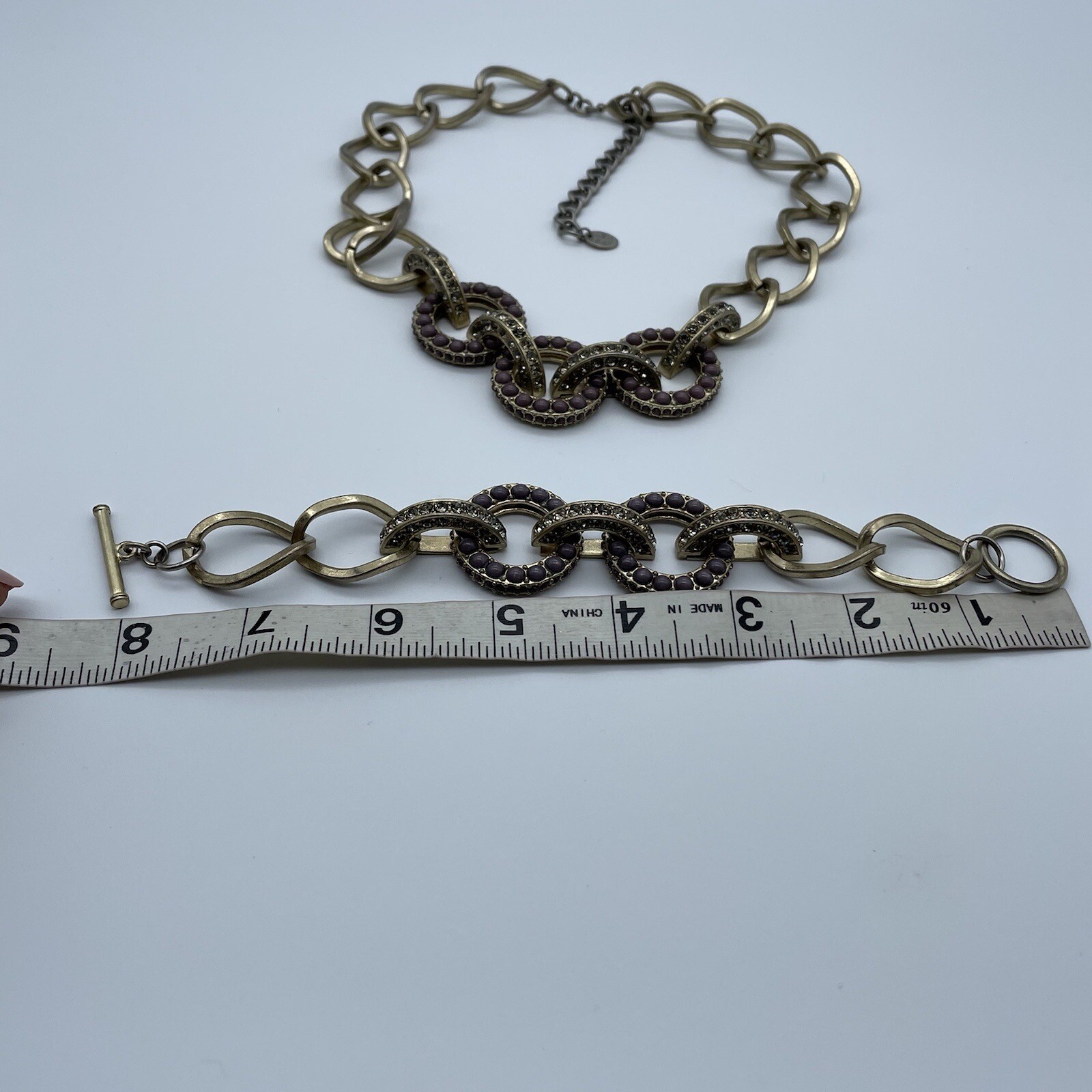 Vtg Danielle Stevens Brass Chain Purple Statement Chain Necklace Bracelet Set