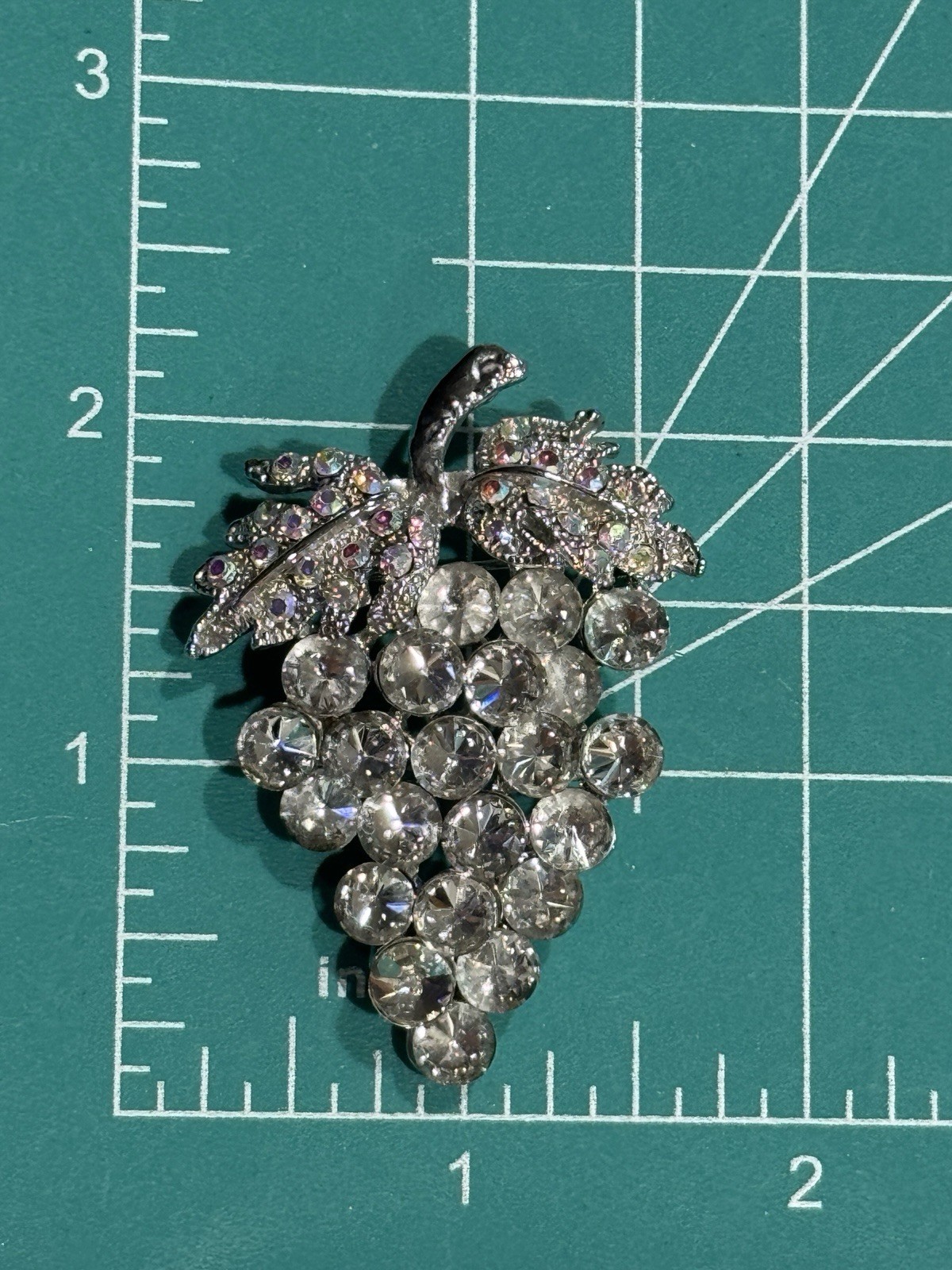 Unique Vintage Clear Rhinestones Bunch of Grapes With Leaves Pin Brooch