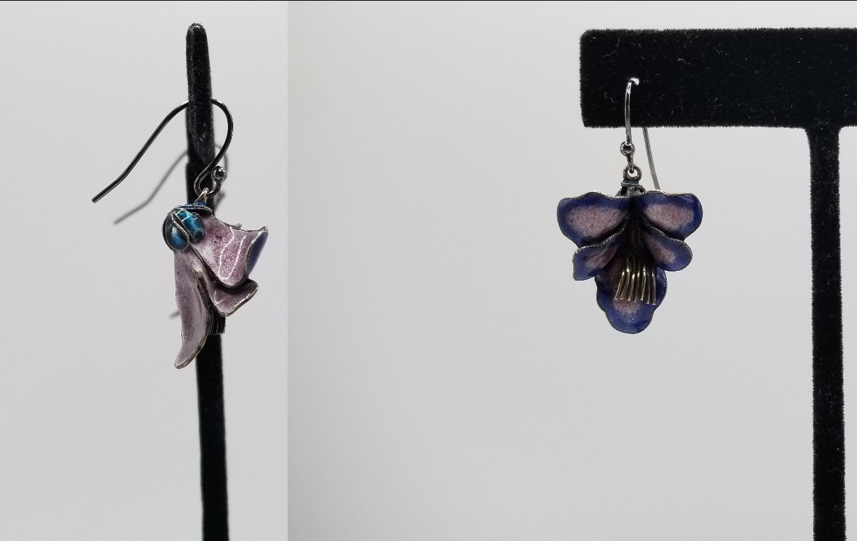 Vtg 925 Sterling Silver Purple & Blue Enameled 3D Pansy Flower Dangle Earrings