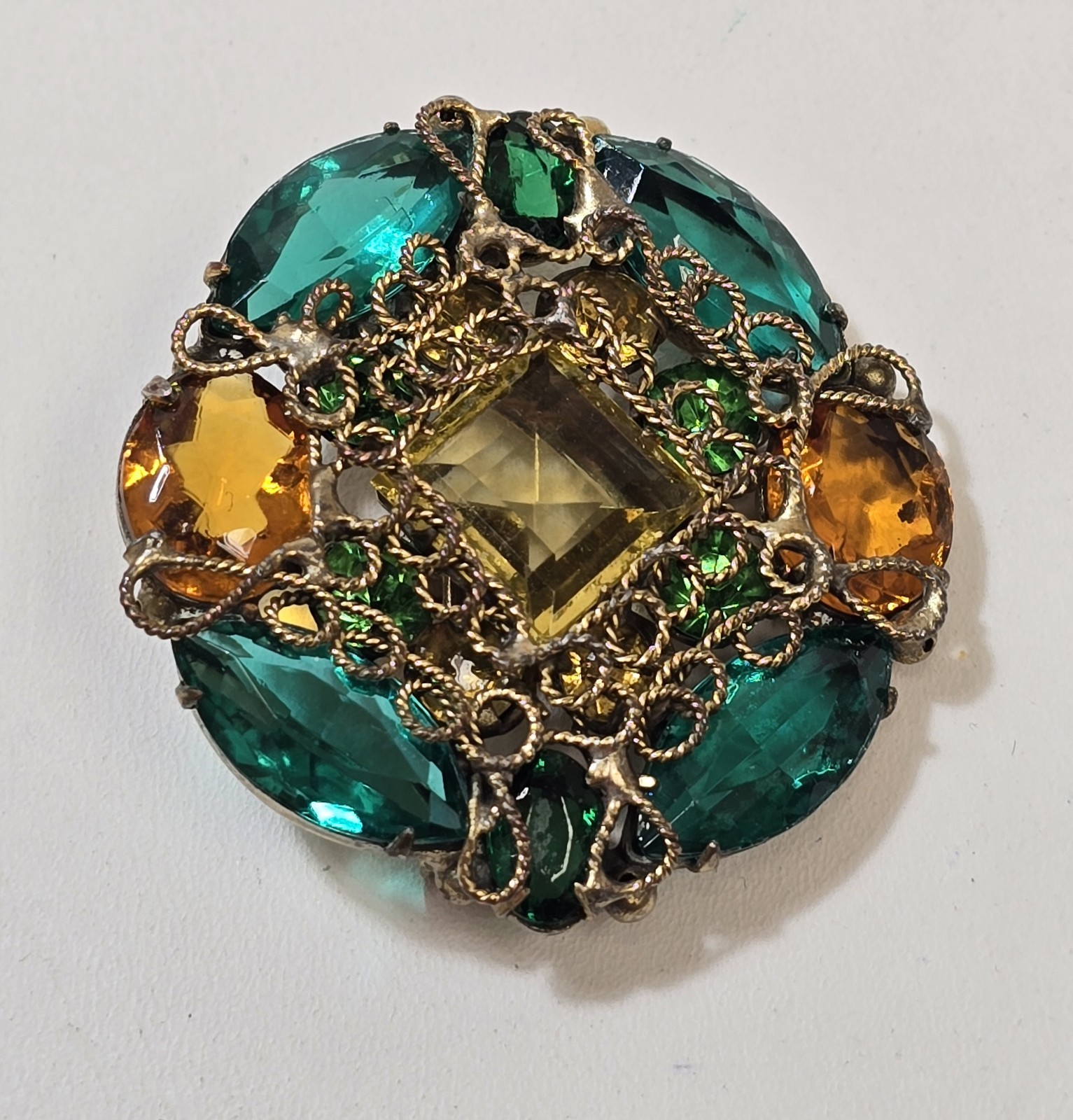 Vintage Fashioncraft Robert Brass Filigree Green Yellow Rhinestone Brooch