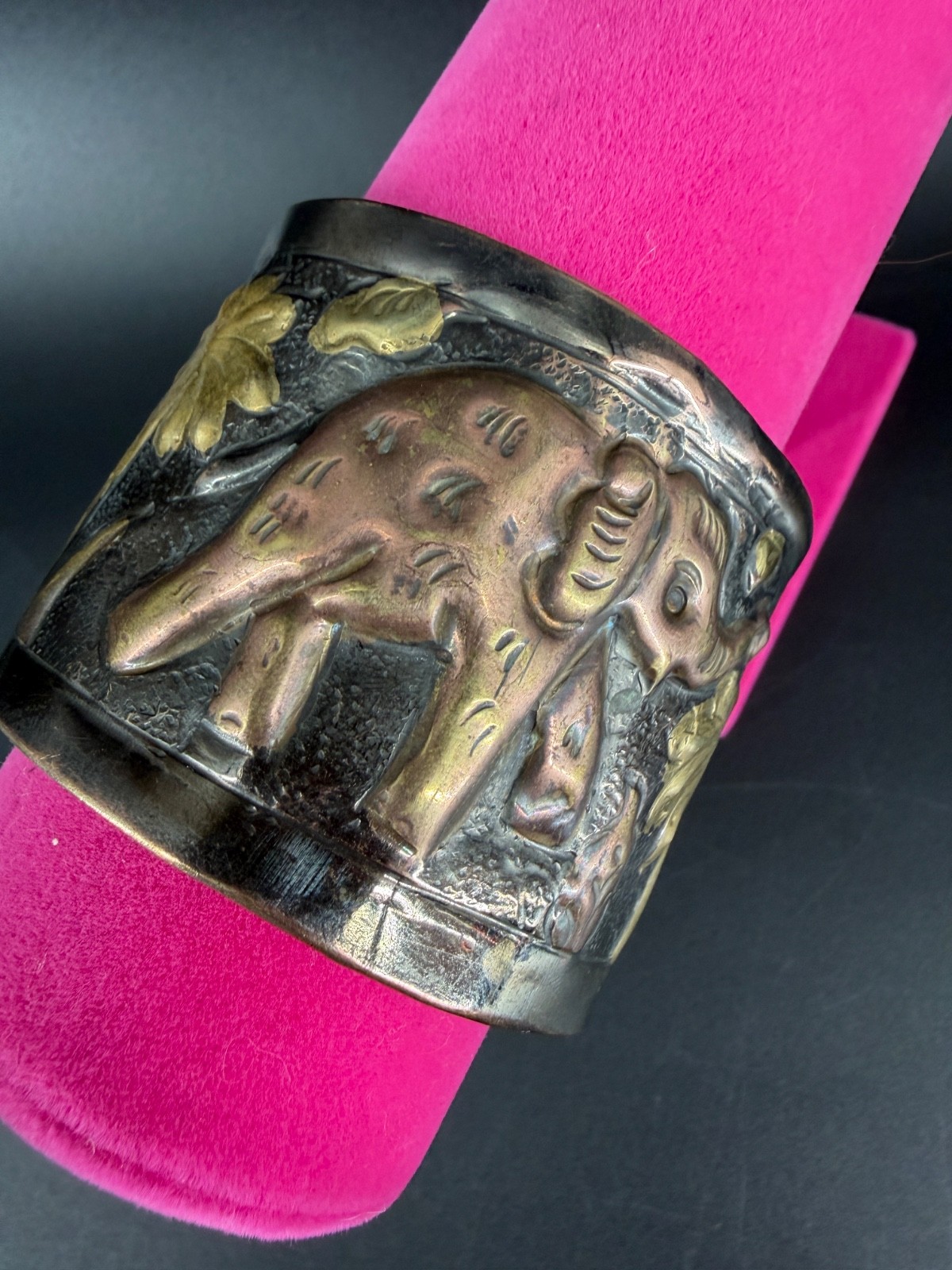 Boho Elephant Cuff Bracelet Wide Brass Copper Tone India Tribal Safari Festival