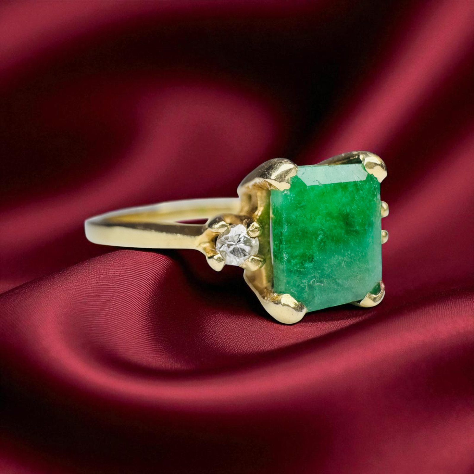 Natural Zambian Emerald & Diamond Ring 14K Gold Vintage 1.1CT Emerald Size 7