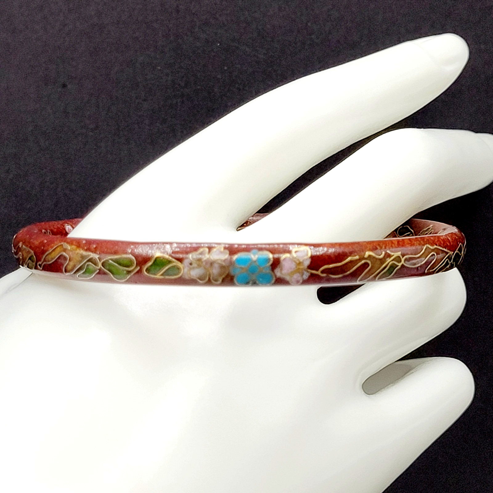 Cloisonné Deep Red Enamel Floral Hand Painted Asian Inspired Bangle Bracelet