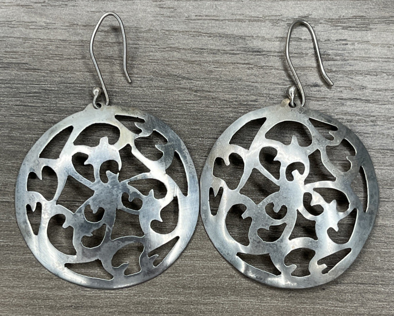 Signed ATI Mexico Sterling 925 Openwork Round Dangle Hook Statement Earrings VTG