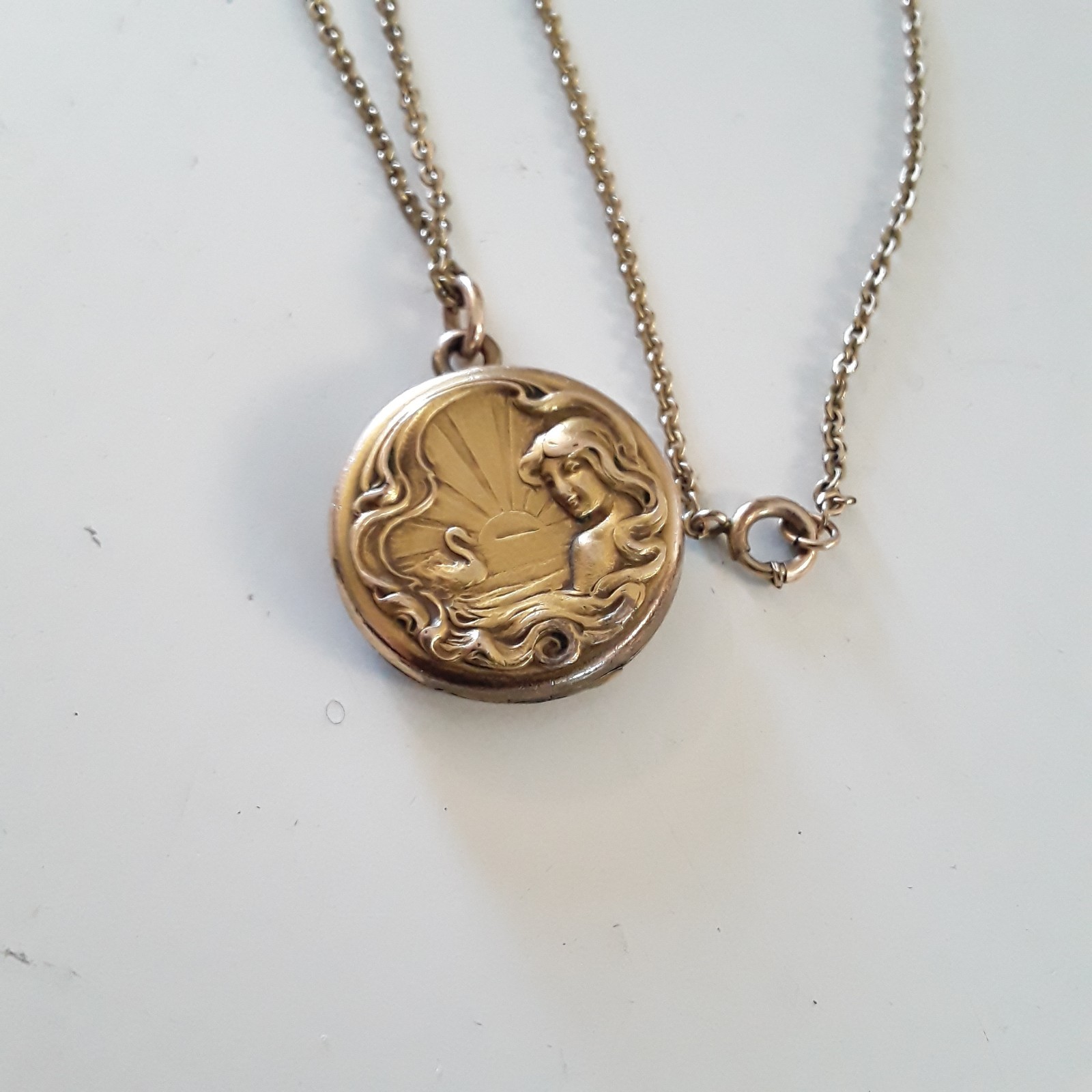 Art Nouveau Lady Locket Pendant & Chain Goddess Swan Rising Sun Gold Filled C&QR