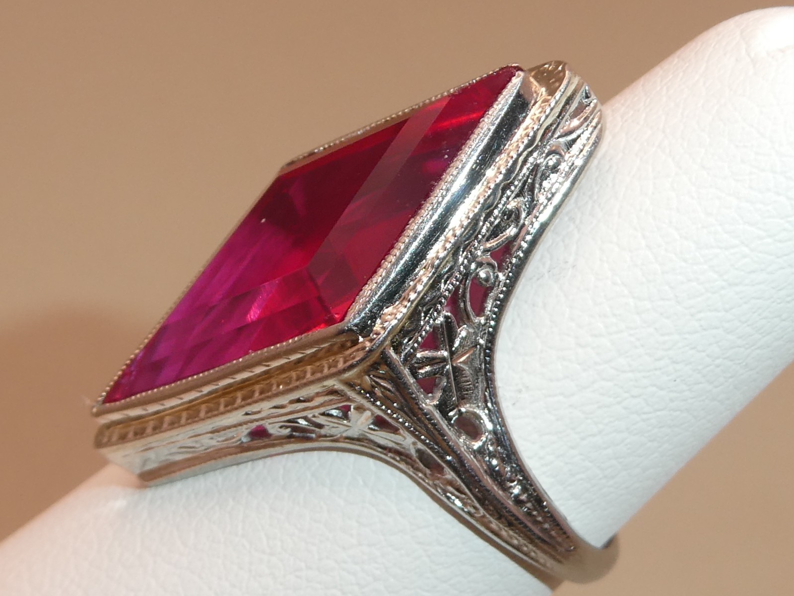 Antique Lozenge Shape of Period Syn. Ruby 18k Filigree Ring Size 5.5. 5.8g L59