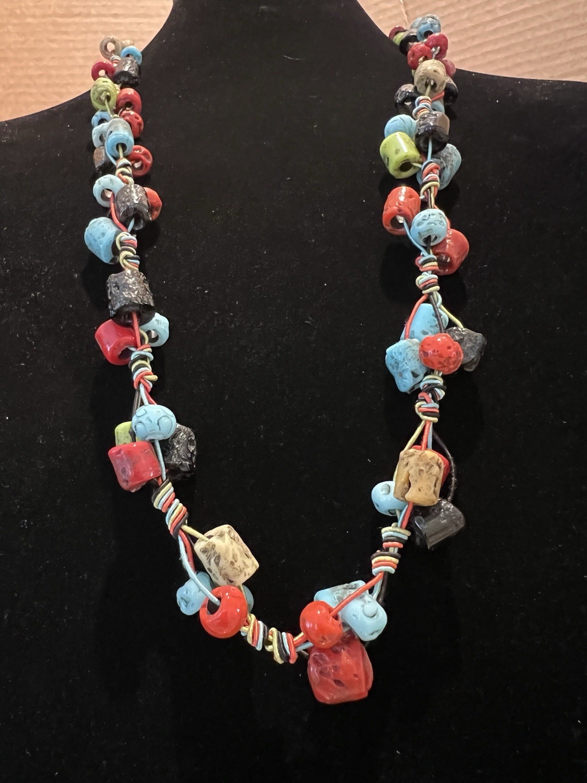 Vintage African Recycled Krobo Glass Bead Necklace Zulu Wire Coiled Art Unique