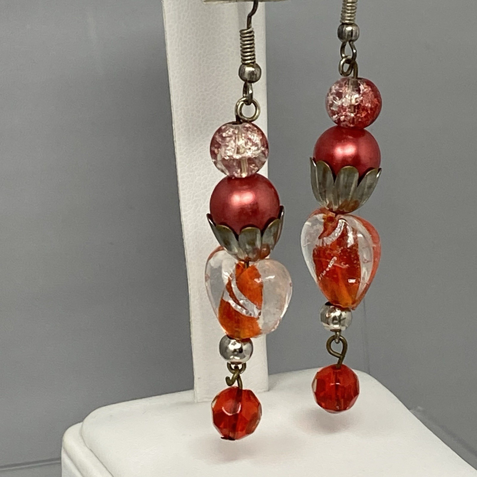 Red Glass Dangle Earrings Fused Heart Crackled Pierced Silver Tone 2.5″