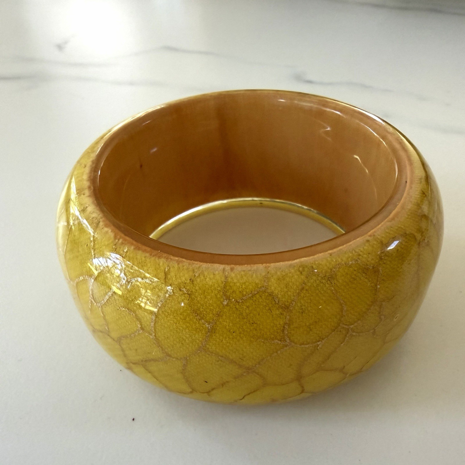 Vintage Yellow Crackle Glaze Bangle Bracelet Wide Ceramic Encased Wood Boho