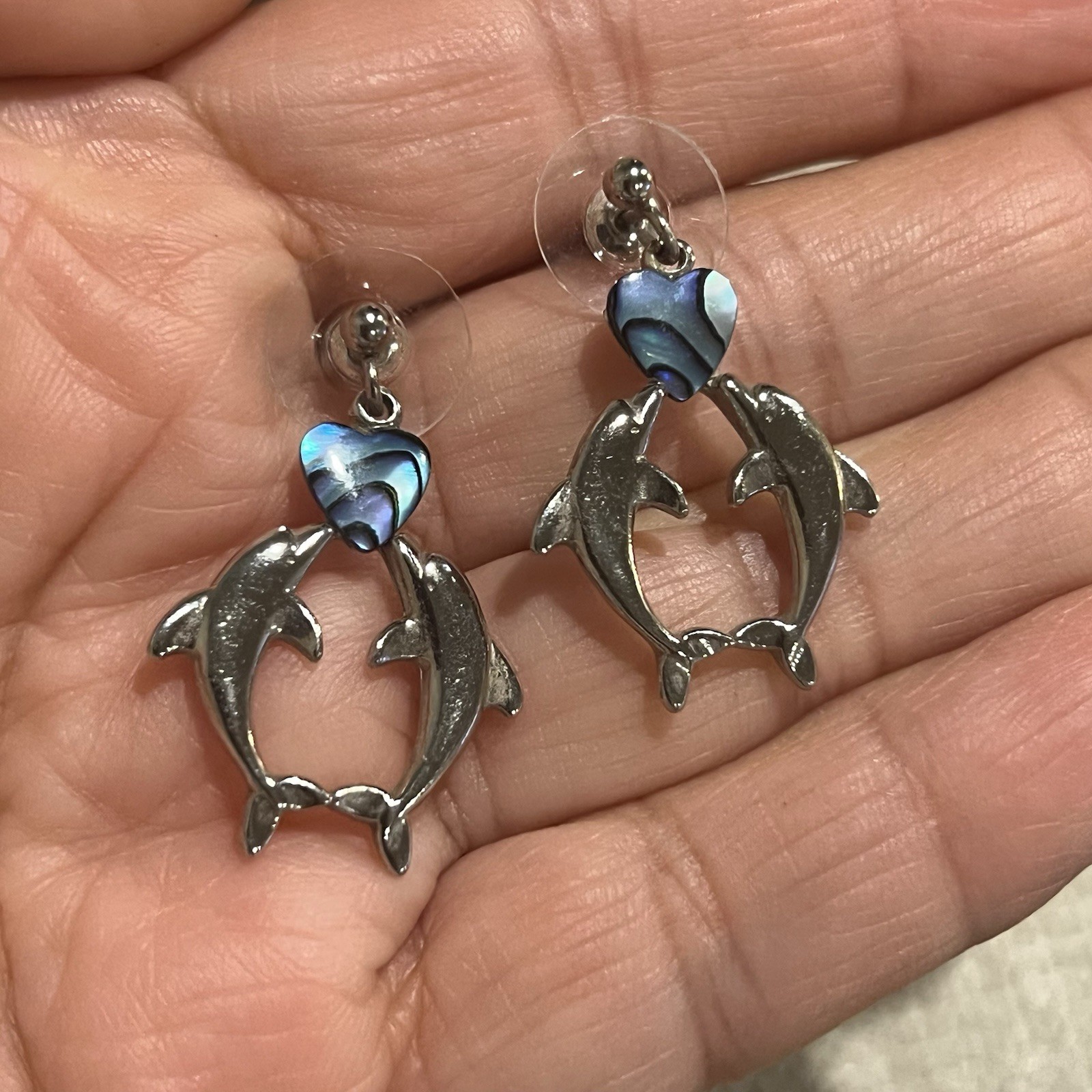 Vintage Weekenders Paua Shell Kissing Dolphins Heart Dangle Earrings Silver Tone