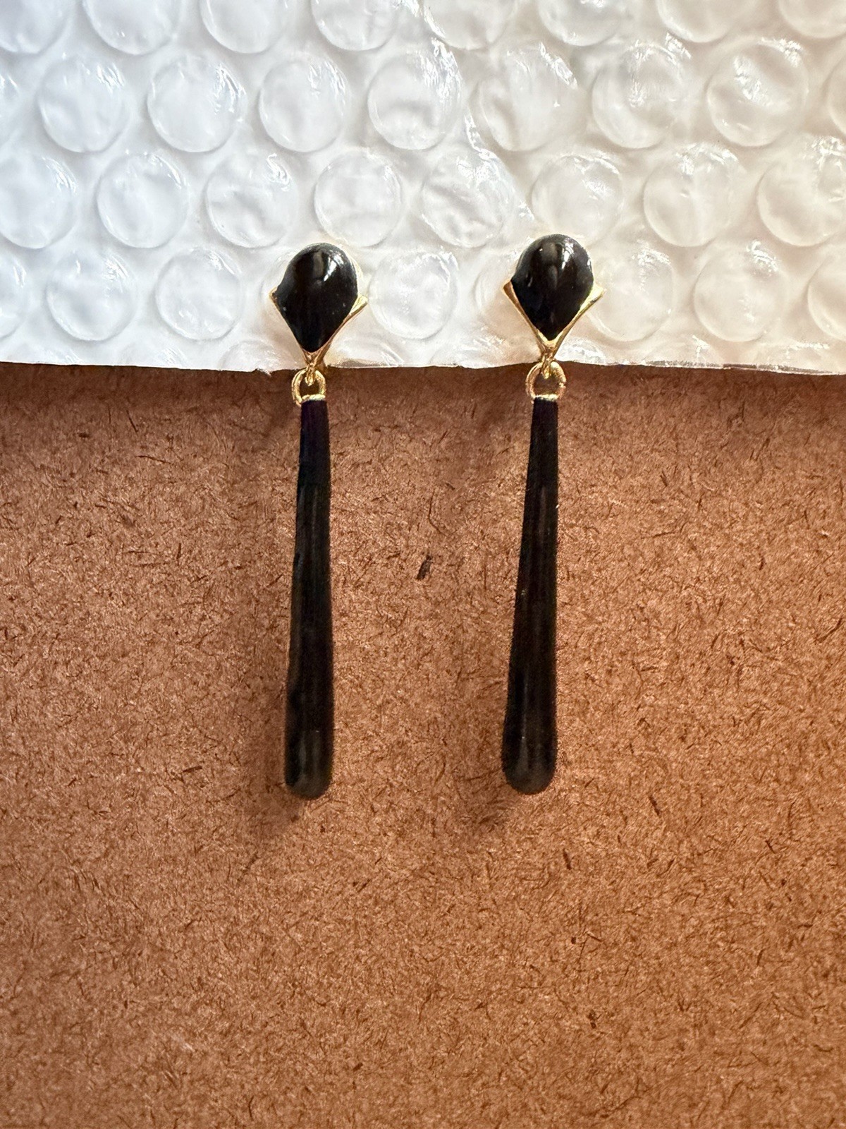 Vintage 1990s Monet Black Enamel & Gold Toned Clip On Drop Earrings