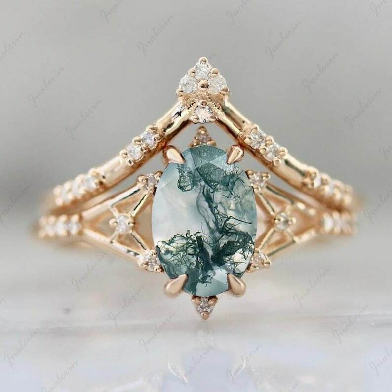 2pc Moss Agate Engagement Ring 14K Gold Plated Sterling Silver Ring Gift For Her