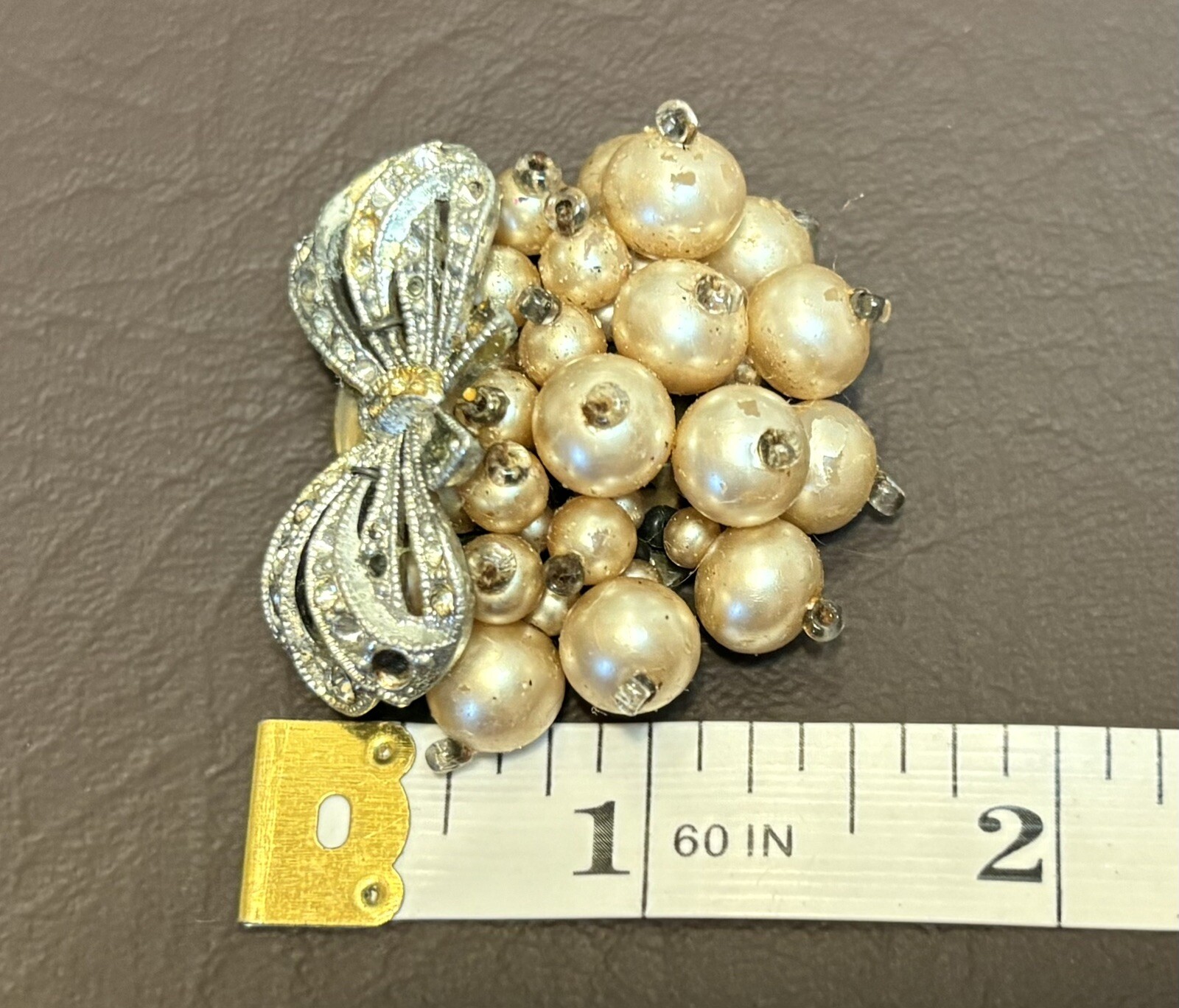 VTG Early Unsigned Haskell Dress Clip Bow Faux Pearl Rhinestone Silver Tone READ