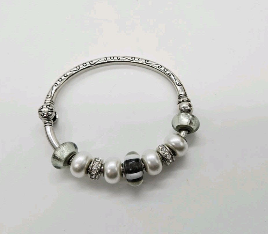 Hinged Bangle bracelet Silver tone Add a Bead One Size OSFM 9 beads