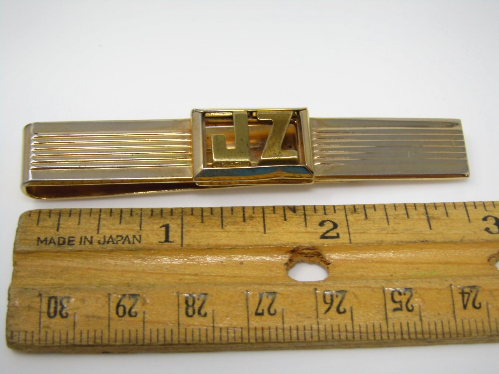Vintage JZ Monogram Tie Bar Clip Art Deco Style Gold Tone Men’s Formal Accessory