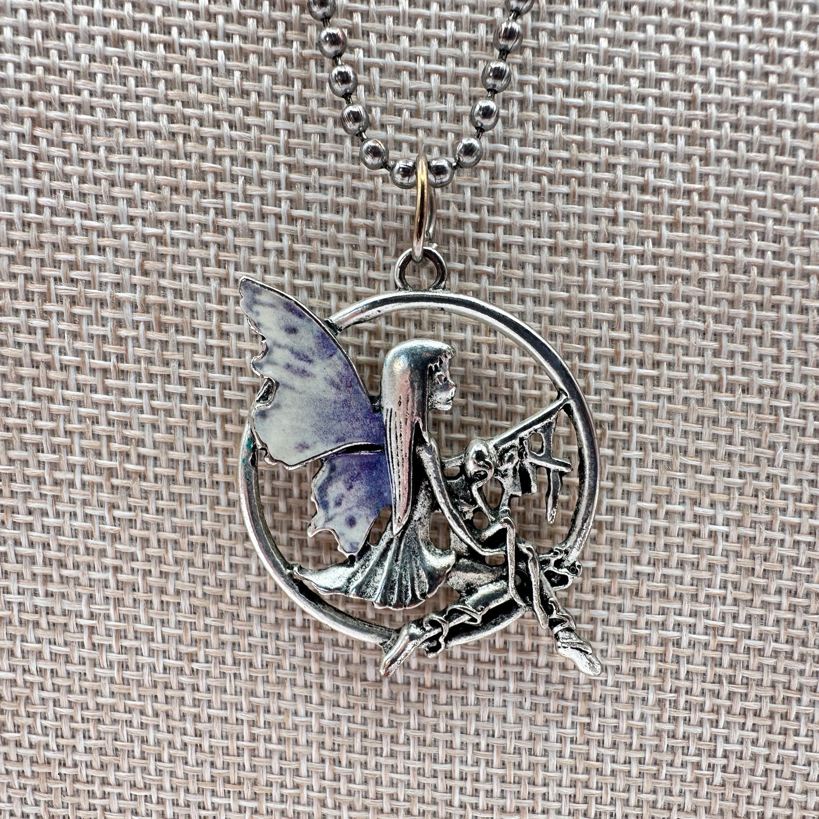 Vintage 90s Silver Tone Enamel Fairy Pendant Necklace Ball Chain Boho Jewelry