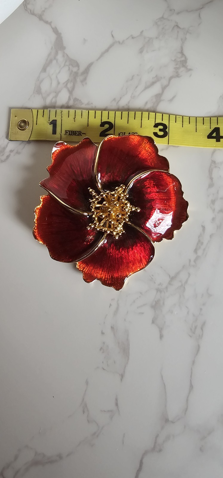 Vintage Red Enamel & Gold Tone Poppy Flower Brooch Pin