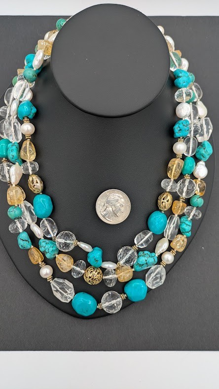 Vintage Turquoise Beaded Necklace Quartz Pearl Sterling Vermeil Multi Strand