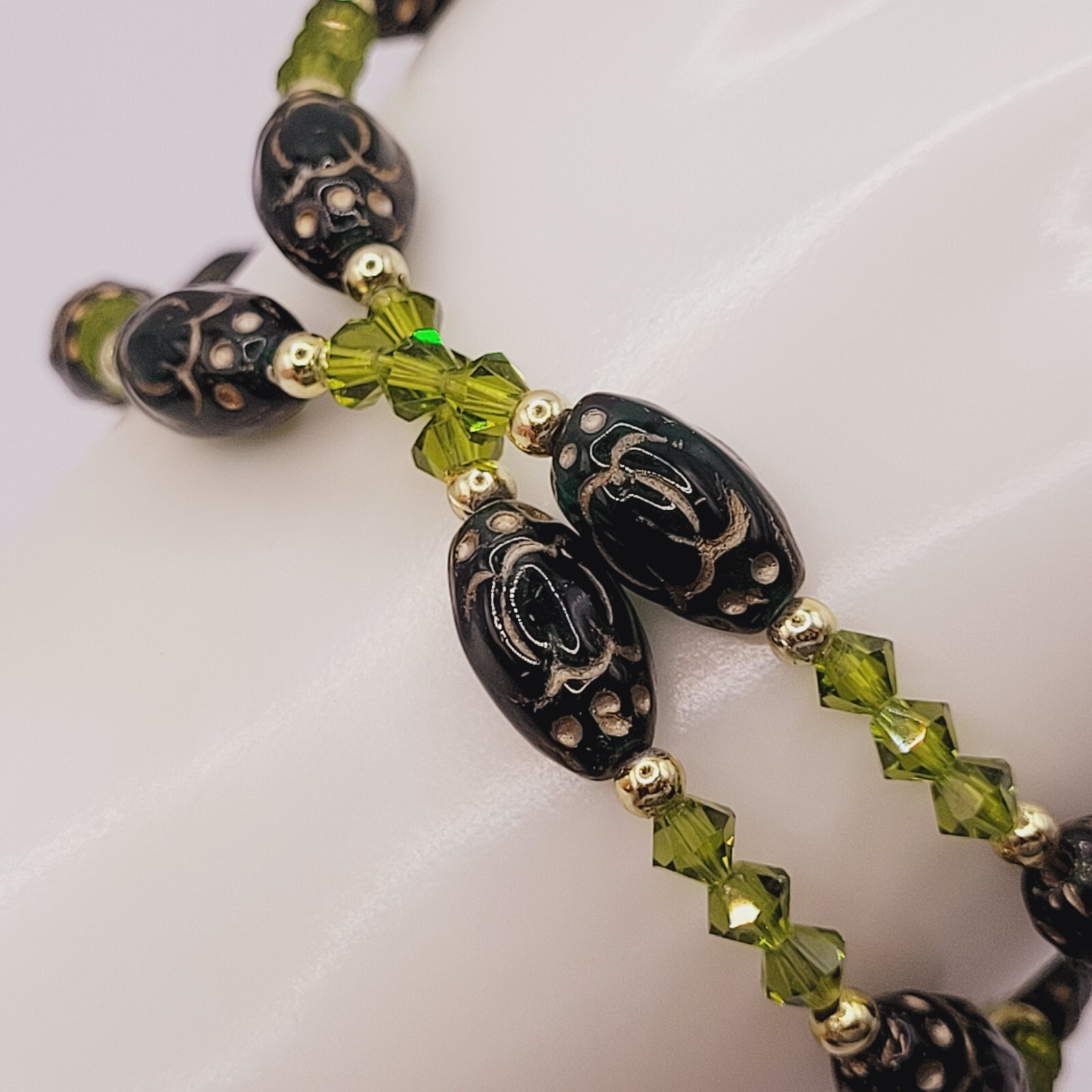 Green Art Glass Crystal Vintage Necklace Light & Dark Green Shades Gilded Beads