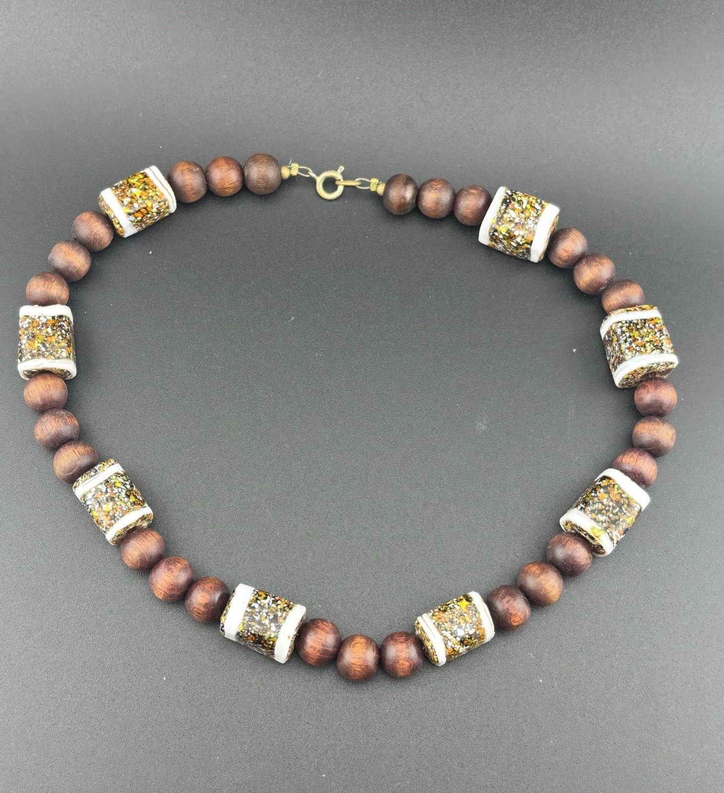 Ceramic Glazed Square White Brown Wooded Beaded VTG 16′ Necklace