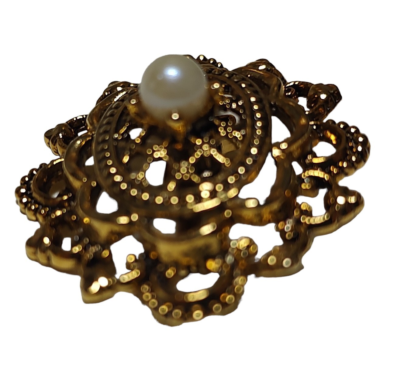 Vintage Tacoa Raised Relief Brooch Pin Faux Pearl Floral Filigree Gold Tone Oval