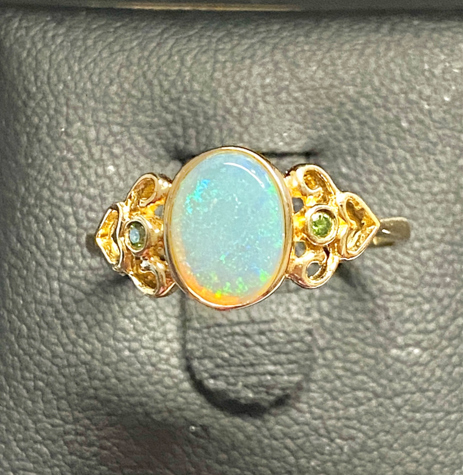 Vintage 14k Yellow Gold Heart Design Opal and Green Diamond Ring Size 7 to 7.25